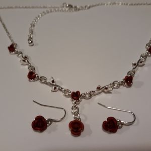 Red Rose Necklace & Earrings Set